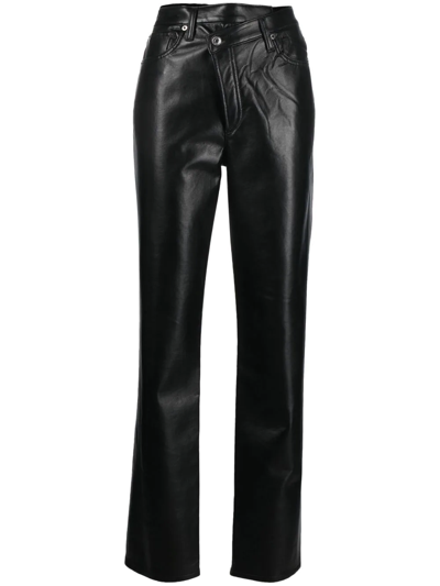 Shop Agolde Asymmetric Recycled Leather-blend Trousers In Black