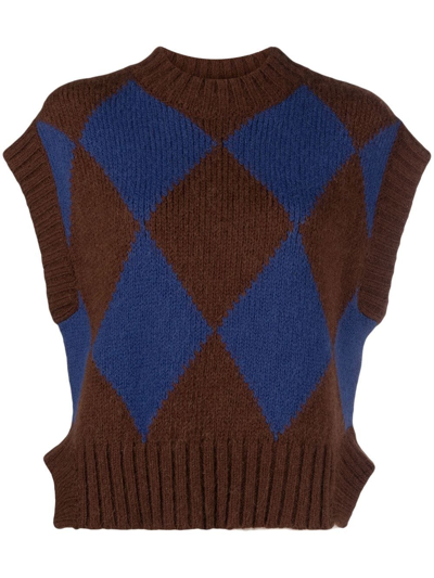La Doublej Argyle-check Knitted Vest In Braun