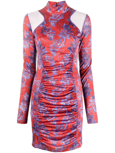 Versace Jeans Couture Floral Ruched Mini Bodycon Dress In Rot
