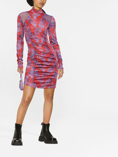 Versace Jeans Couture Floral Ruched Mini Bodycon Dress In Rot