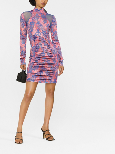 Shop Versace Jeans Couture Gathered Paisley-print Minidress In Rosa