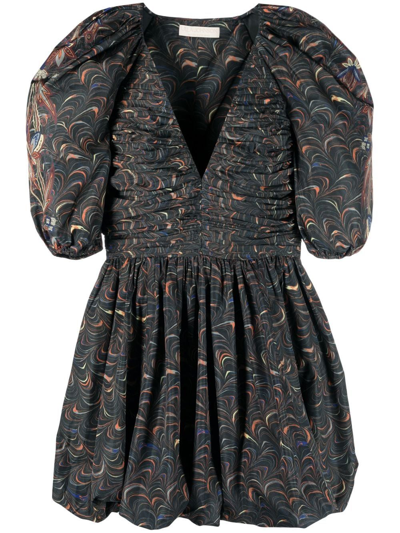 Shop Ulla Johnson Marbled Puff-sleeve Ruched Dress In Grün