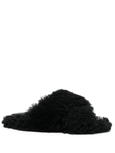 Shop Marni Shearling Leather Slides In Black