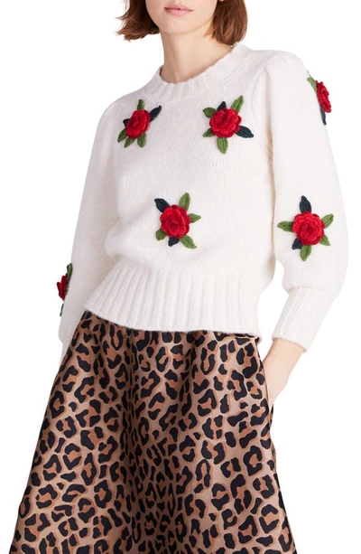 Kate Spade Crewneck Crochet Roses Sweater In Cream | ModeSens