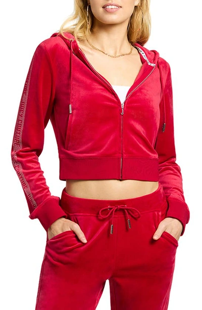 Shop Juicy Couture Classic Recycled Polyester Blend Velour Zip Front Crop Hoodie In Coco Red