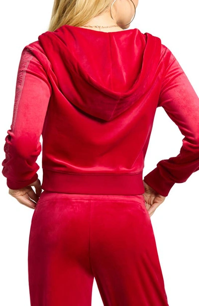 Shop Juicy Couture Classic Recycled Polyester Blend Velour Zip Front Crop Hoodie In Coco Red
