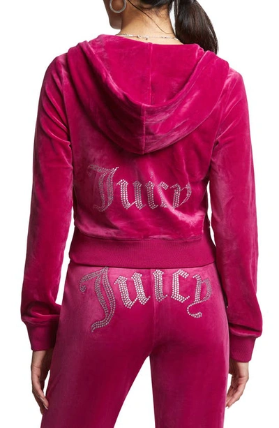 Shop Juicy Couture Bling Crop Recycled Polyester Blend Velour Hoodie In Raspberry Glaze
