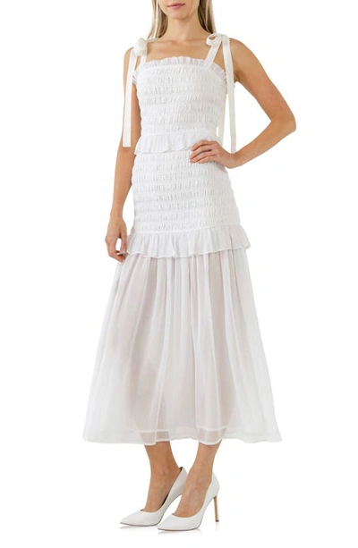 Endless Rose Smocked Drop Waist Combination Maxi Dress In White