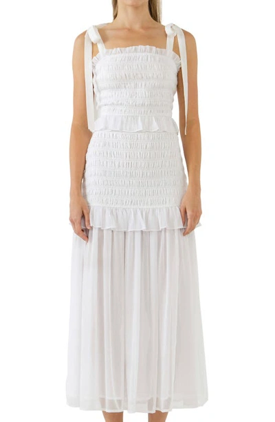 Endless Rose Smocked Drop Waist Combination Maxi Dress In White