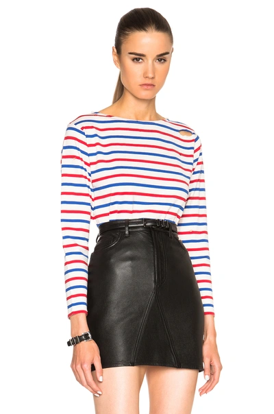 Saint Laurent Distressed Striped Cotton Top In White, Blue & Red