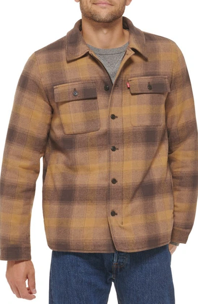 Shop Levi's Quilt Lined Cotton Shacket In Brown Ombre Plaid