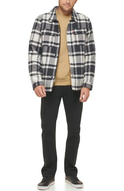 Shop Levi's Quilt Lined Cotton Shacket In Cream / Navy Woodsman Plaid