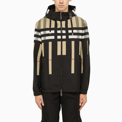Shop Burberry Black Nylon Jacket With A Deconstructed Tartan Pattern In Multicolor