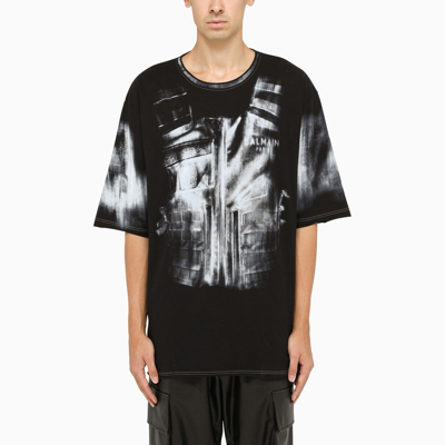 Shop Balmain Black T-shirt With Logo And Graphic Print