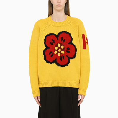 Shop Kenzo Yellow Wool Crew Neck Sweater With Intarsia
