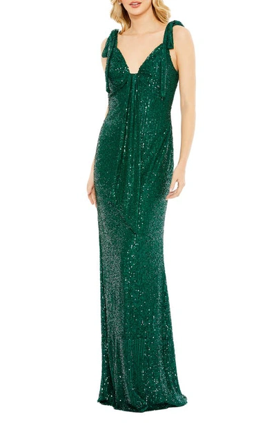 Shop Ieena For Mac Duggal Sequin Bow Shoulder Sheath Gown In Emerald