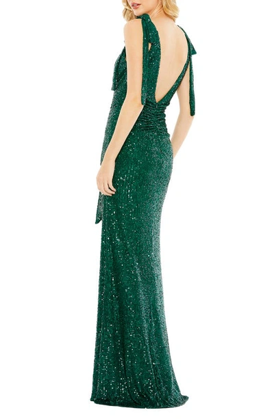 Shop Ieena For Mac Duggal Sequin Bow Shoulder Sheath Gown In Emerald