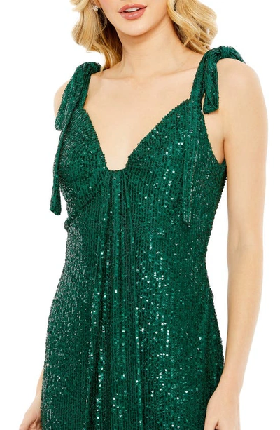 Shop Ieena For Mac Duggal Sequin Bow Shoulder Sheath Gown In Emerald