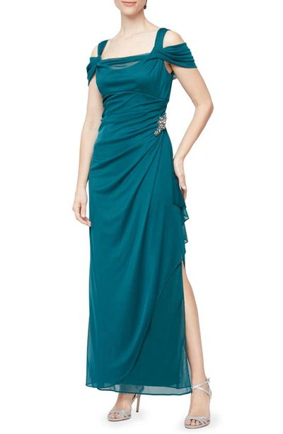 Shop Alex Evenings Embellished Cold Shoulder Column Gown In Emerald Aqua