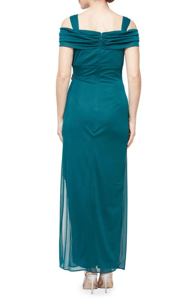 Shop Alex Evenings Embellished Cold Shoulder Column Gown In Emerald Aqua
