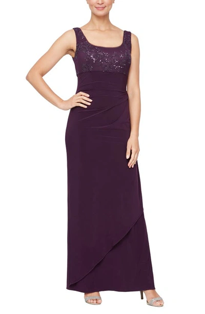 Alex Evenings Embroidered Empire Gown With Jacket In Eggplant