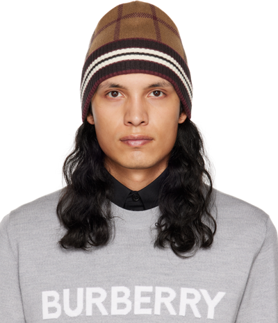 Shop Burberry Brown Check & Stripe Beanie In Birch Brown