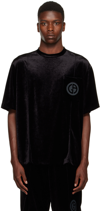 Shop Giorgio Armani Black Embroidered T-shirt In Uc99 Black