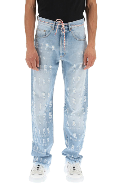 Shop Aries Distressed Lettering Motif Jeans In Multicolor