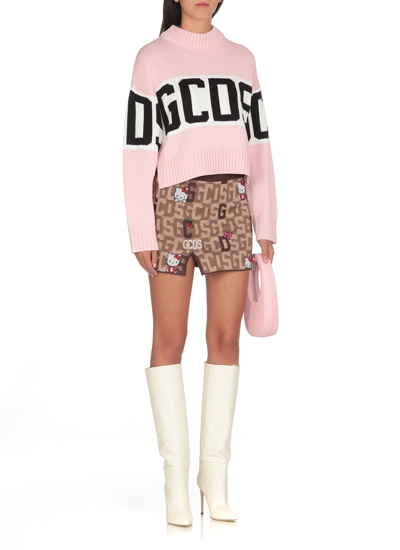 Gcds Brown And Beige Mini Skirt  In Wool Blend Knit With Logo Plate, Hello Kitty Motif And Contrast Jacqu In Brown