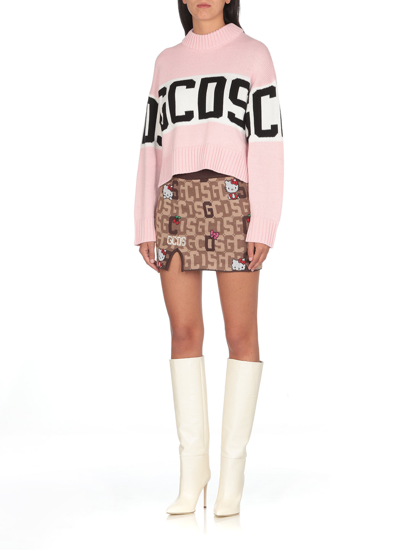 Gcds Brown And Beige Mini Skirt  In Wool Blend Knit With Logo Plate, Hello Kitty Motif And Contrast Jacqu In Brown