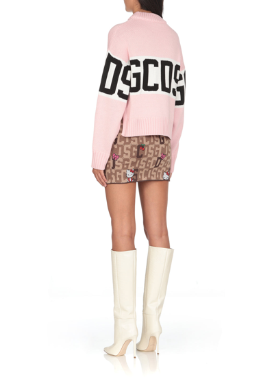 Gcds Brown And Beige Mini Skirt  In Wool Blend Knit With Logo Plate, Hello Kitty Motif And Contrast Jacqu In Brown