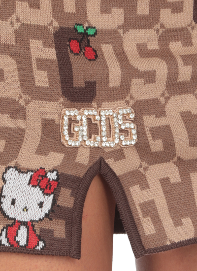Gcds Brown And Beige Mini Skirt  In Wool Blend Knit With Logo Plate, Hello Kitty Motif And Contrast Jacqu In Brown