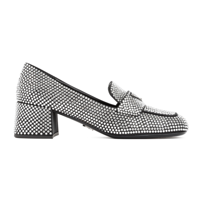 Shop Prada Crystal-embellished Leather Loafers Shoes In Metallic