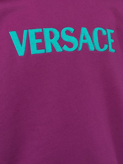 Shop Versace Embroidered Logo Cotton Sweatshirt In Purple