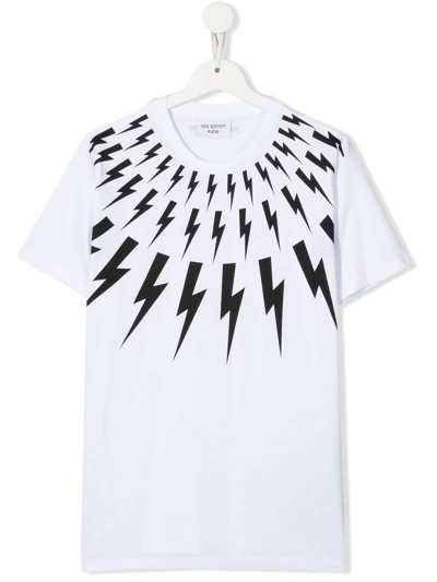 Shop Neil Barrett Kids White T-shirt With Front Black Fair-isle Thunderbolt Print In Bianco