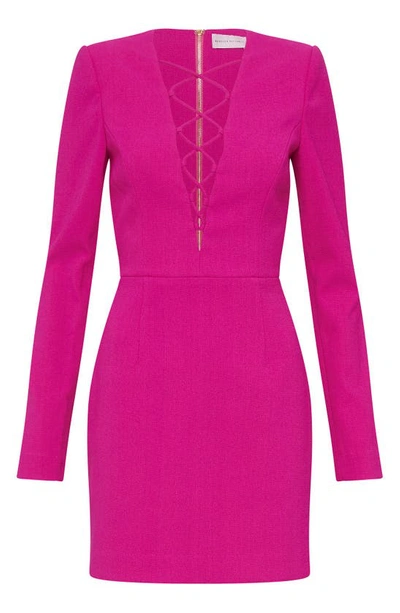 Shop Rebecca Vallance Cupid's Bow Lace-up Long Sleeve Stretch Crepe Minidress In Hot Pink