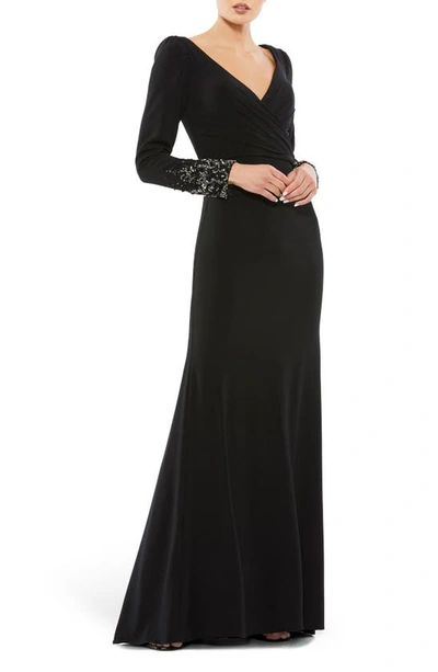 Shop Mac Duggal Beaded Cuff Long Sleeve Wrap Front Gown In Black