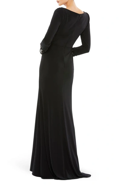 Shop Mac Duggal Beaded Cuff Long Sleeve Wrap Front Gown In Black