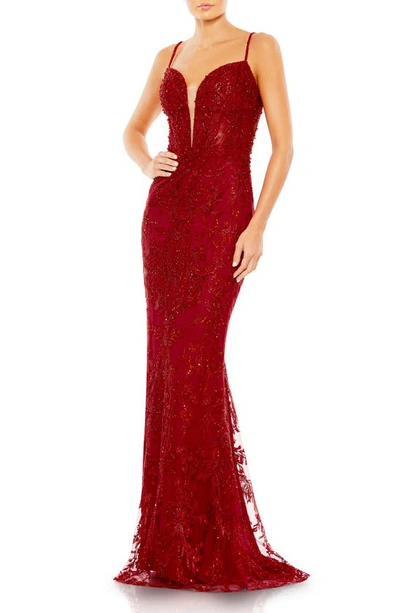 Shop Mac Duggal Sequin Floral Plunge Neck Sheath Gown In Red