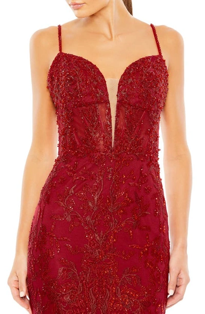 Shop Mac Duggal Sequin Floral Plunge Neck Sheath Gown In Red