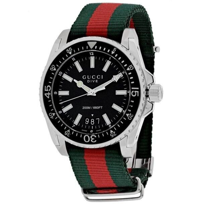 Pre-owned Gucci Dive 45mm Black Matte Dial Green Red Web Nylon Watch Ya136209a