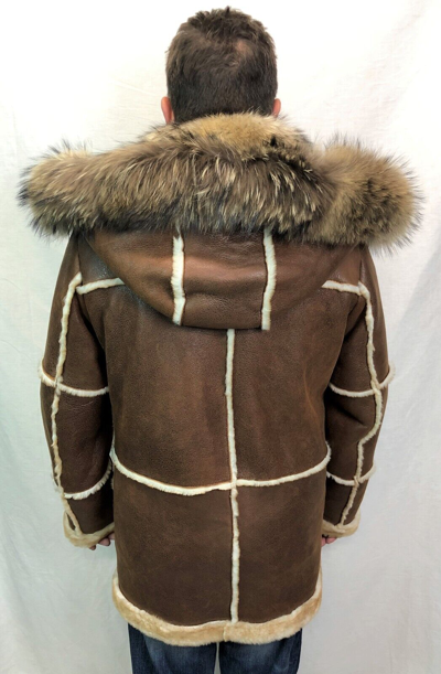 Pre-owned Victoria Cognac Real Sheepskin Shearling Leather Real Raccoon Marlboro Trench Coat S-8xl In Brown