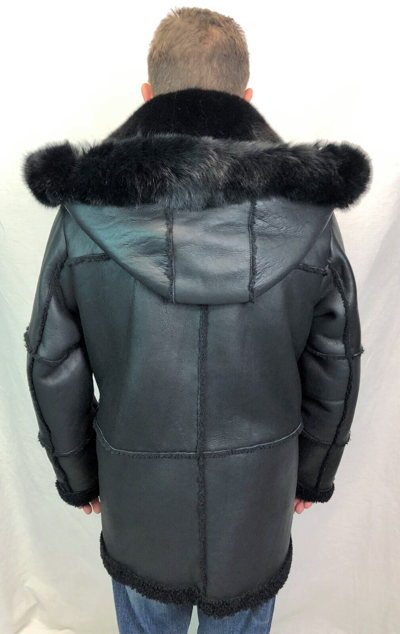 VICTORIA Pre-owned Black 100% Sheepskin Shearling Leather Real Fox Marlboro Trench Coat Jacket S-8x