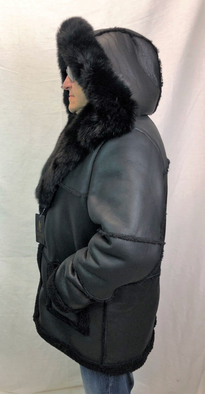 VICTORIA Pre-owned Black 100% Sheepskin Shearling Leather Real Fox Marlboro Trench Coat Jacket S-8x