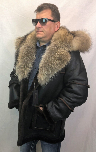 Pre-owned Victoria Black Real Sheepskin Shearling Leather Real Raccoon Marlboro Trench Coat S-8xl