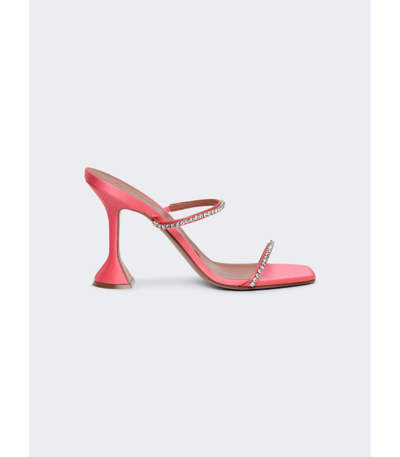 Shop Amina Muaddi Gilda Crystal Slipper Heel Satin Bubble Pink In Coral