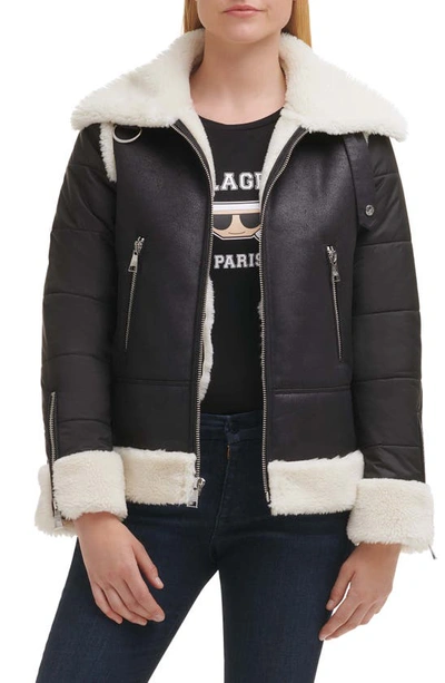 Shop Karl Lagerfeld Mixed Media Faux Leather & Faux Shearling Jacket In Black