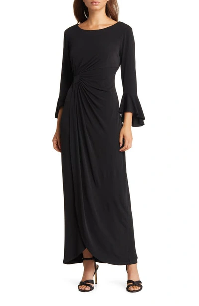 Shop Connected Apparel Bell Sleeve Gathered Waist Gown In Black