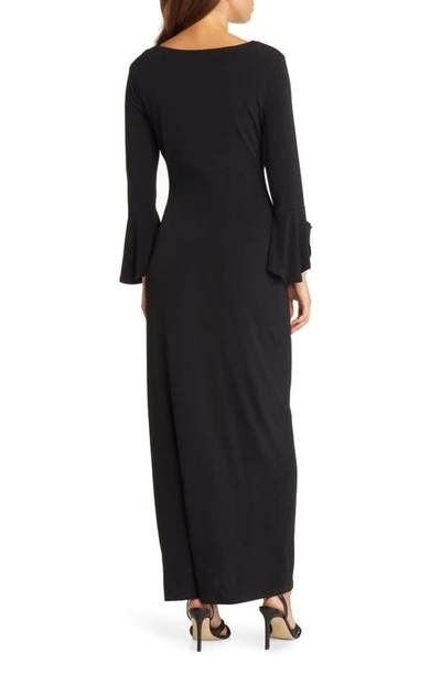 Shop Connected Apparel Bell Sleeve Gathered Waist Gown In Black