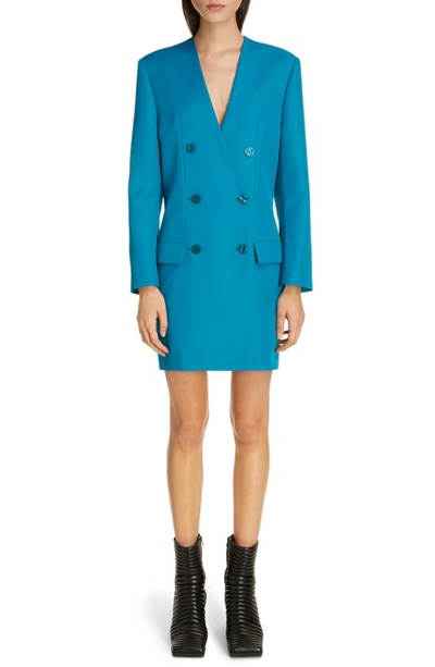 Shop Balenciaga Double Breasted Tech Twill Long Sleeve Blazer Dress In Petrol Blue